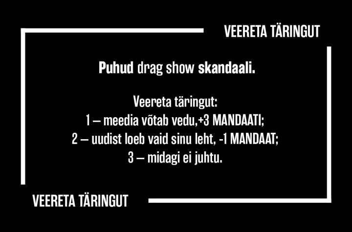 Sündmuskaart: Puhud drag show skandaali. Veereta täringut.